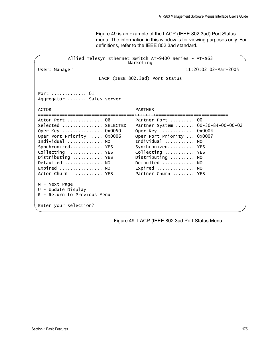 Figure 49: lacp (ieee 802.3ad port status menu | Allied Telesis AT-S63 User Manual | Page 175 / 908