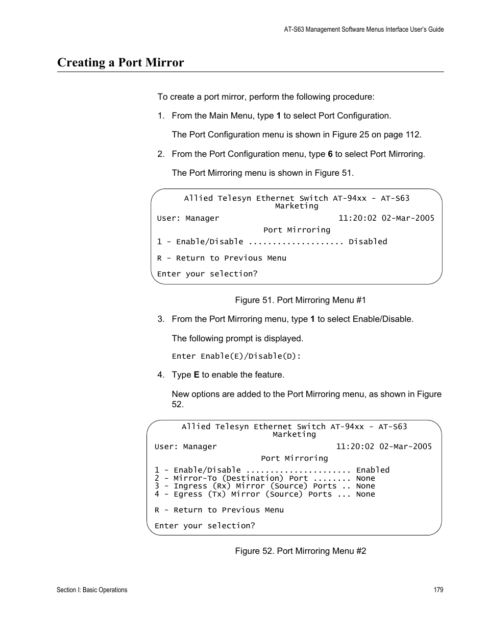 Creating a port mirror | Allied Telesis AT-S63 User Manual | Page 179 / 908