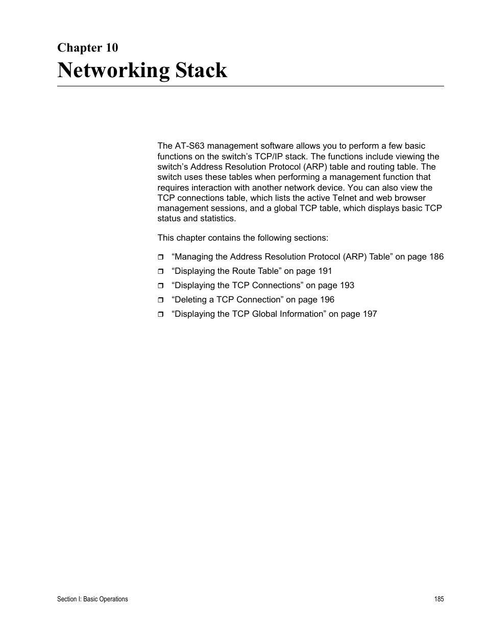 Chapter 10, Networking stack, Chapter 10: networking stack | Allied Telesis AT-S63 User Manual | Page 185 / 908