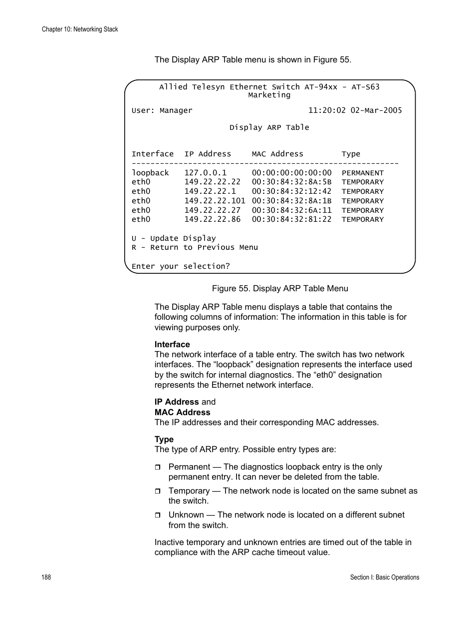 Figure 55: display arp table menu | Allied Telesis AT-S63 User Manual | Page 188 / 908