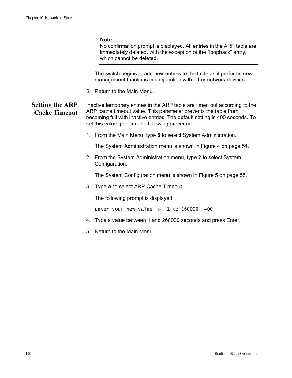 Setting the arp cache timeout | Allied Telesis AT-S63 User Manual | Page 190 / 908