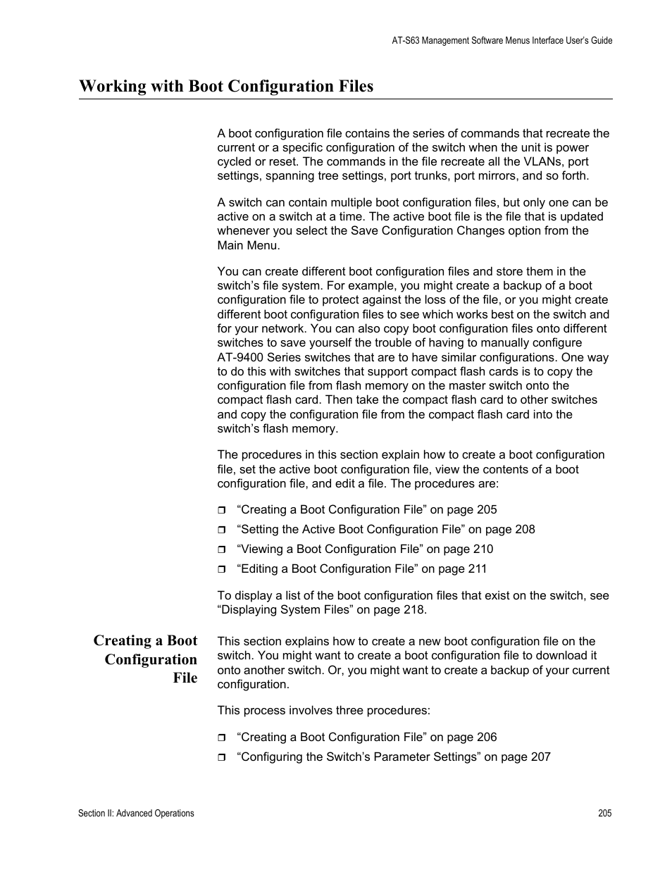 Working with boot configuration files, Creating a boot configuration file | Allied Telesis AT-S63 User Manual | Page 205 / 908