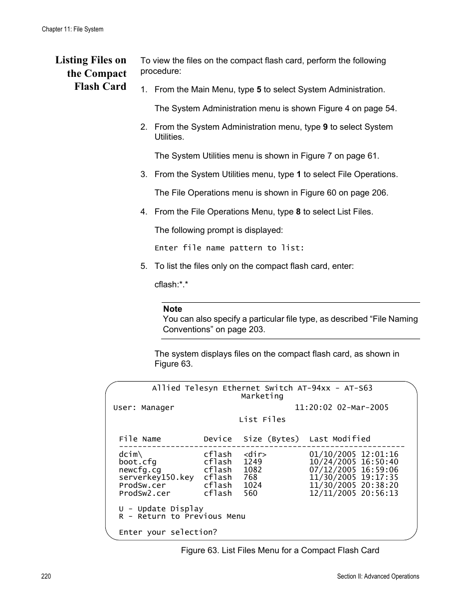 Listing files on the compact flash card | Allied Telesis AT-S63 User Manual | Page 220 / 908