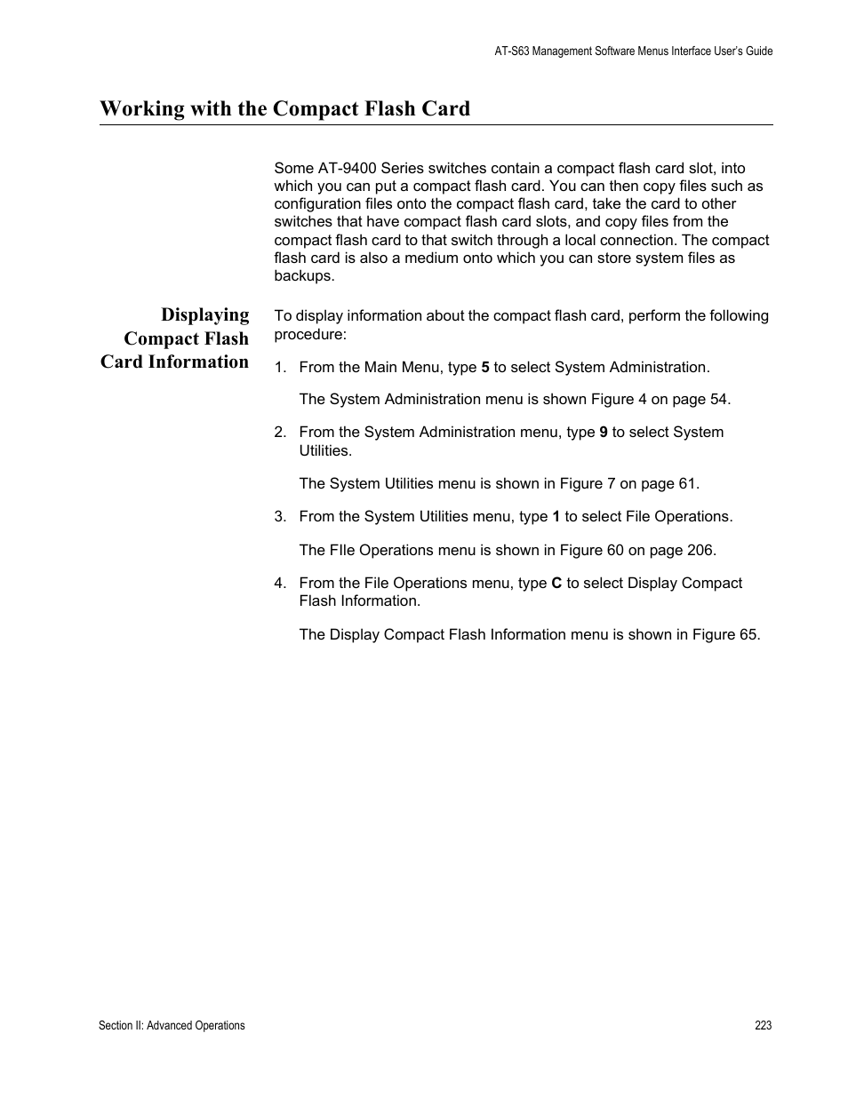 Working with the compact flash card, Displaying compact flash card information | Allied Telesis AT-S63 User Manual | Page 223 / 908
