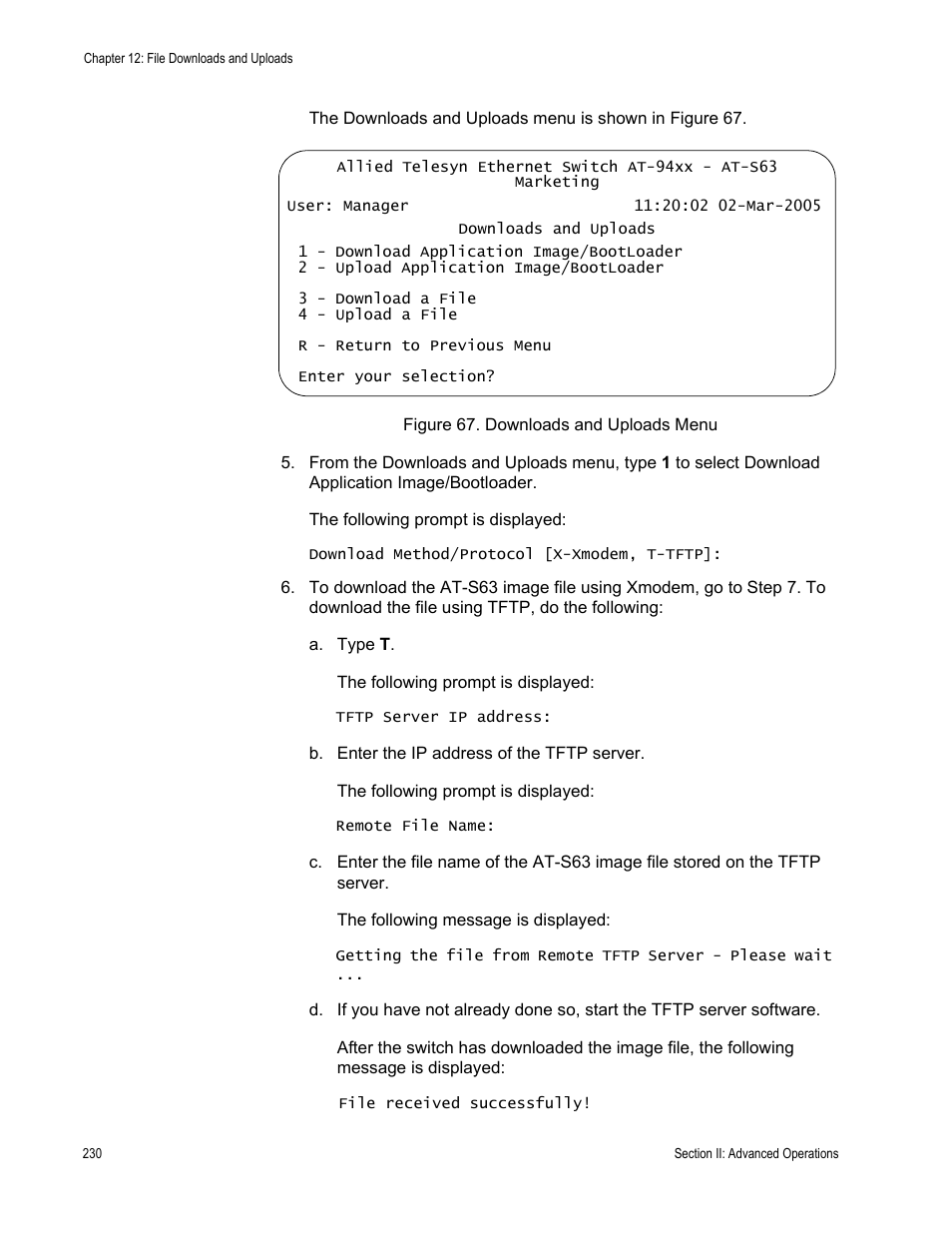 Figure 67: downloads and uploads menu | Allied Telesis AT-S63 User Manual | Page 230 / 908
