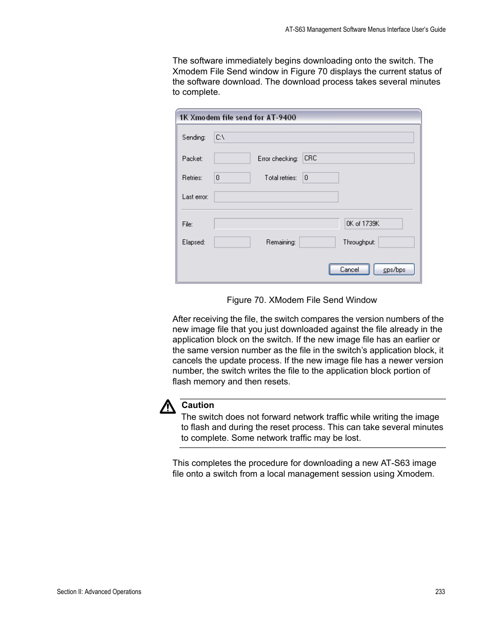 Figure 70: xmodem file send window | Allied Telesis AT-S63 User Manual | Page 233 / 908