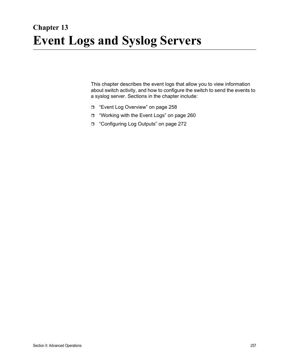 Chapter 13, Event logs and syslog servers, Chapter 13: event logs and syslog servers | Allied Telesis AT-S63 User Manual | Page 257 / 908