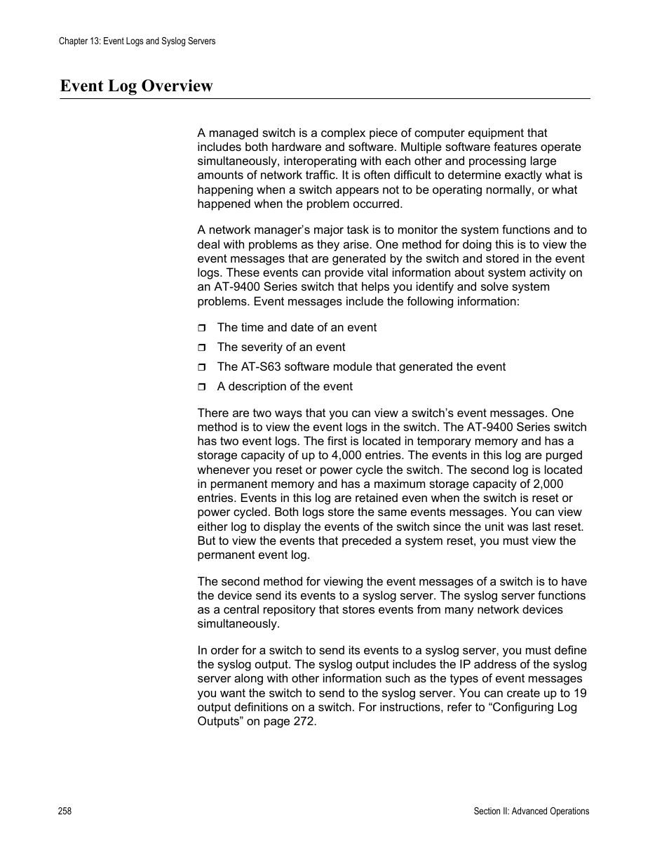 Event log overview | Allied Telesis AT-S63 User Manual | Page 258 / 908