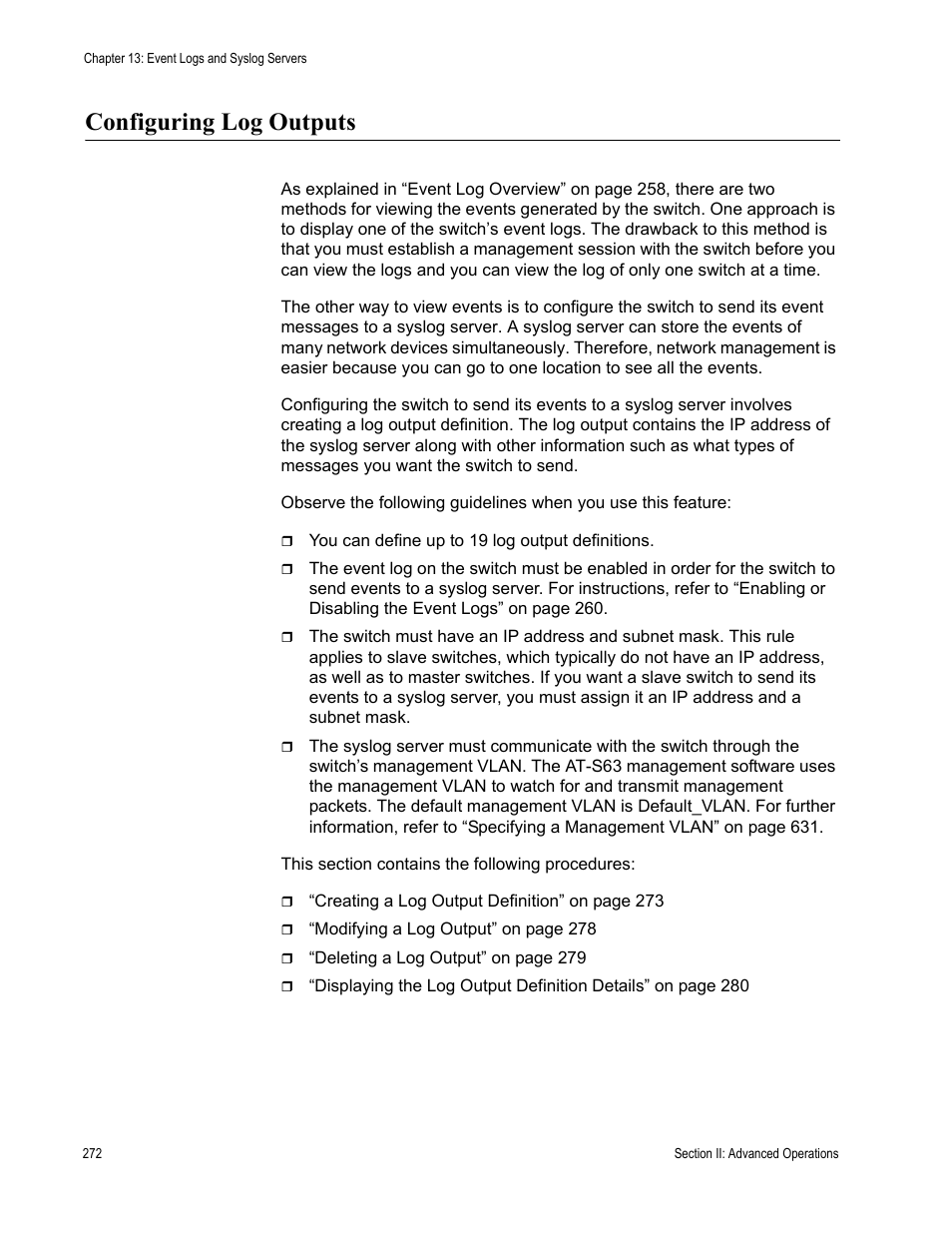 Configuring log outputs | Allied Telesis AT-S63 User Manual | Page 272 / 908