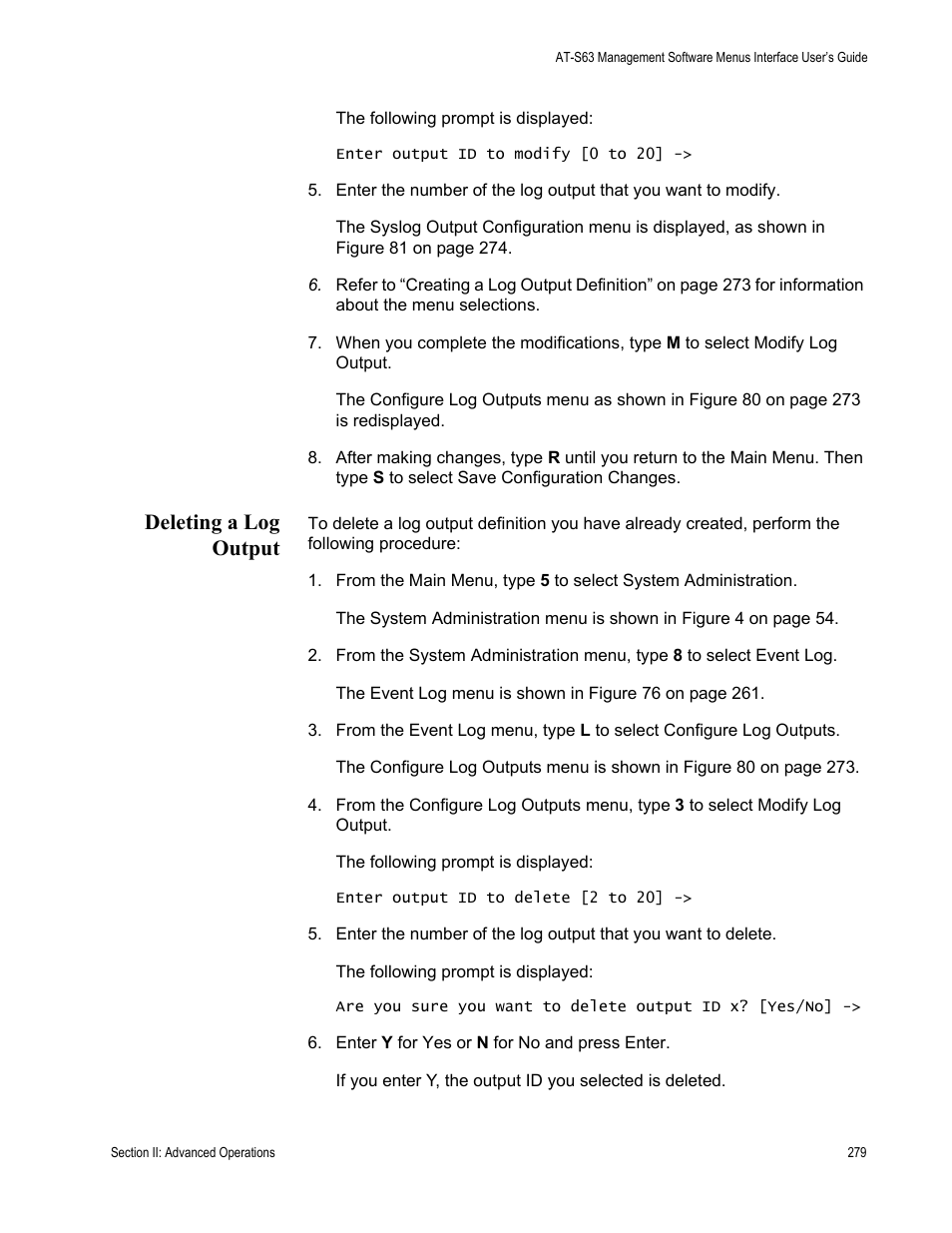 Deleting a log output | Allied Telesis AT-S63 User Manual | Page 279 / 908