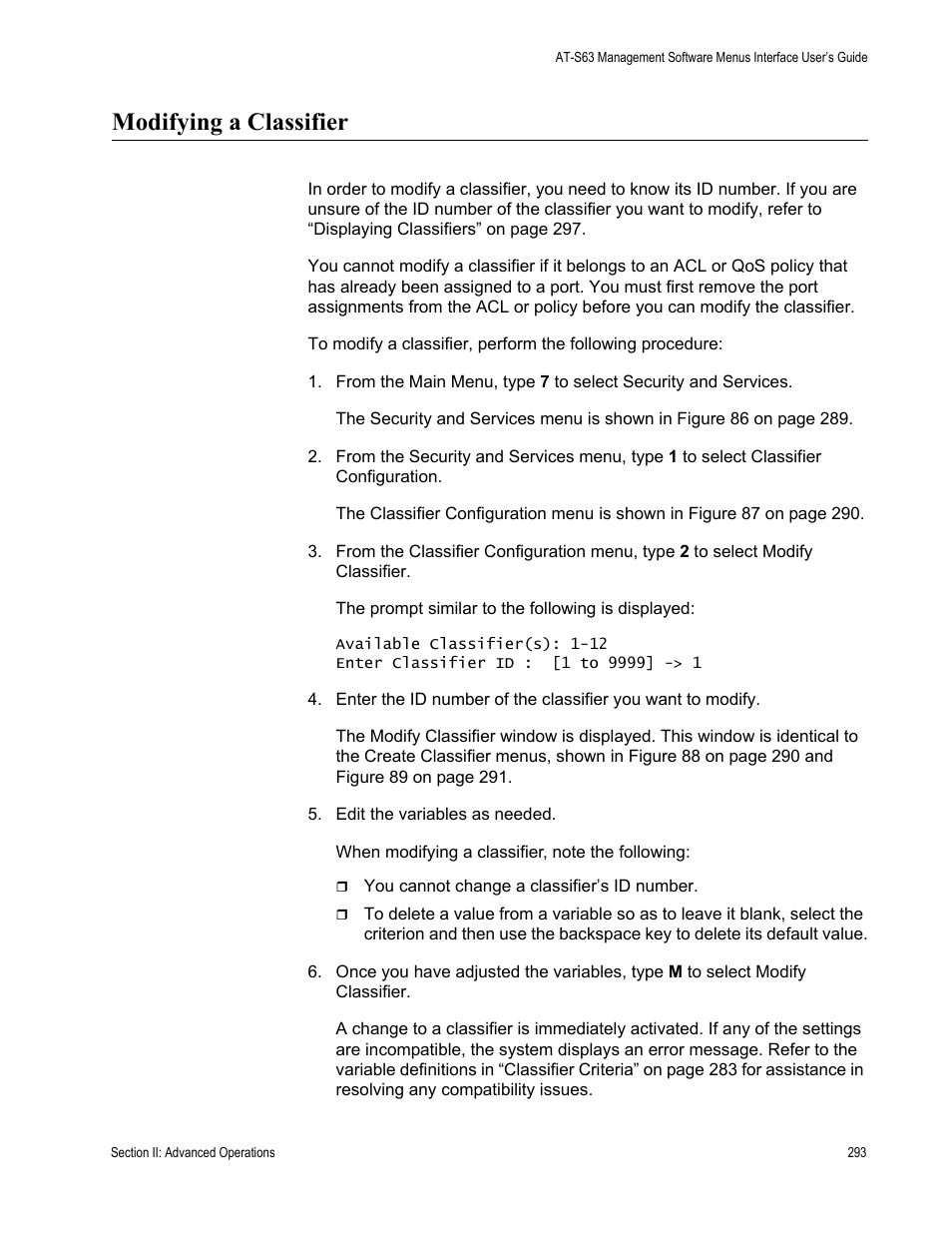 Modifying a classifier | Allied Telesis AT-S63 User Manual | Page 293 / 908