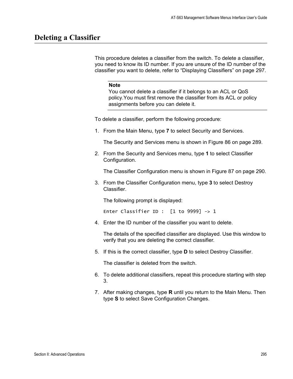 Deleting a classifier | Allied Telesis AT-S63 User Manual | Page 295 / 908
