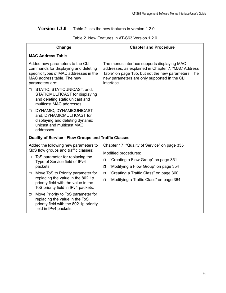 Version 1.2.0, Table 2: new features in at-s63 version 1.2.0 | Allied Telesis AT-S63 User Manual | Page 31 / 908
