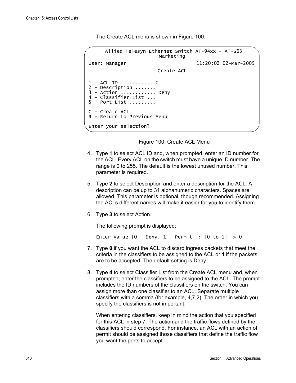 Figure 100: create acl menu | Allied Telesis AT-S63 User Manual | Page 310 / 908