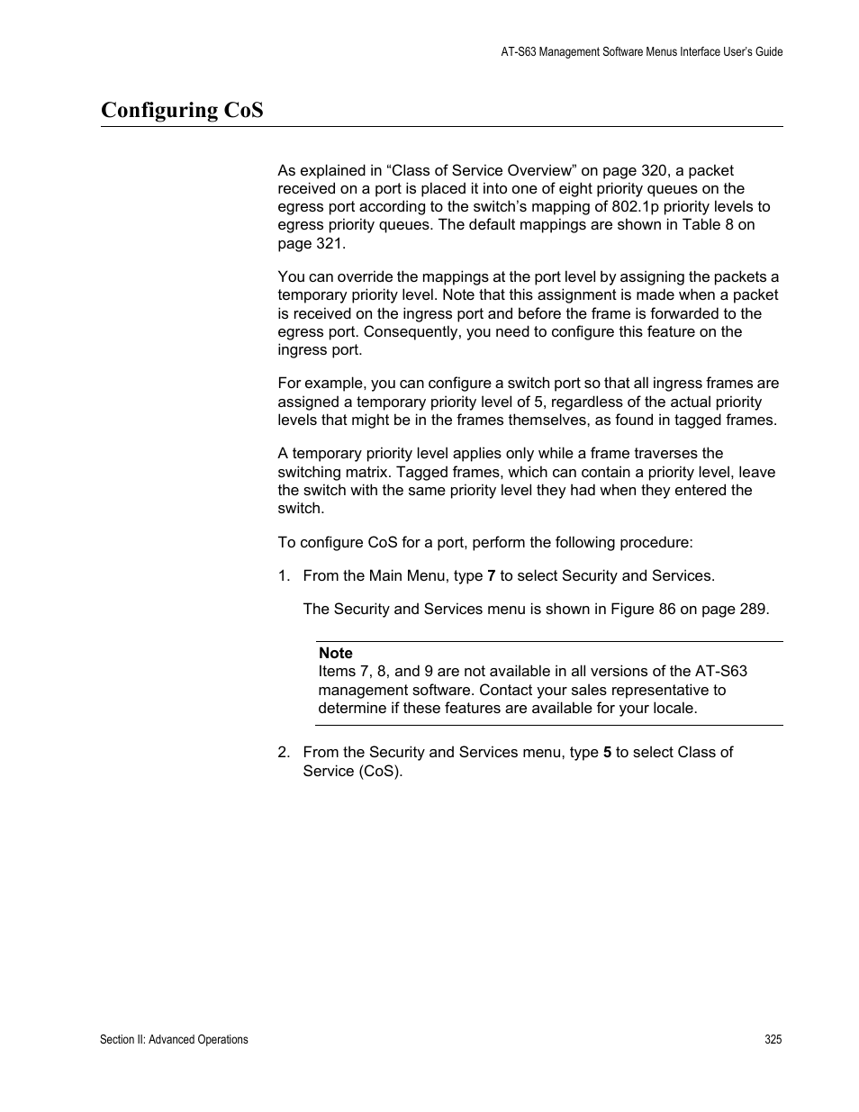 Configuring cos | Allied Telesis AT-S63 User Manual | Page 325 / 908