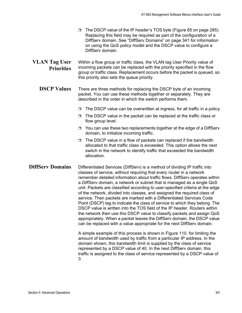Vlan tag user priorities, Dscp values, Diffserv domains | Allied Telesis AT-S63 User Manual | Page 341 / 908