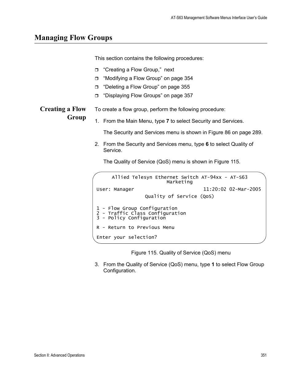 Managing flow groups, Creating a flow group, Figure 115: quality of service (qos) menu | Allied Telesis AT-S63 User Manual | Page 351 / 908