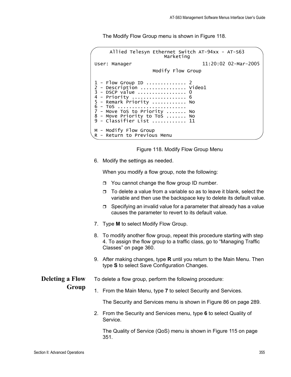 Deleting a flow group, Figure 118: modify flow group menu | Allied Telesis AT-S63 User Manual | Page 355 / 908