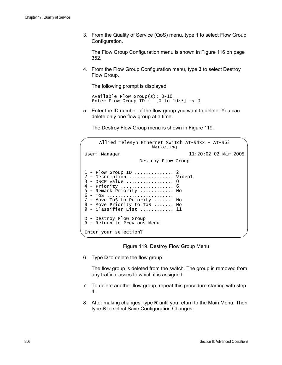 Figure 119: destroy flow group menu | Allied Telesis AT-S63 User Manual | Page 356 / 908