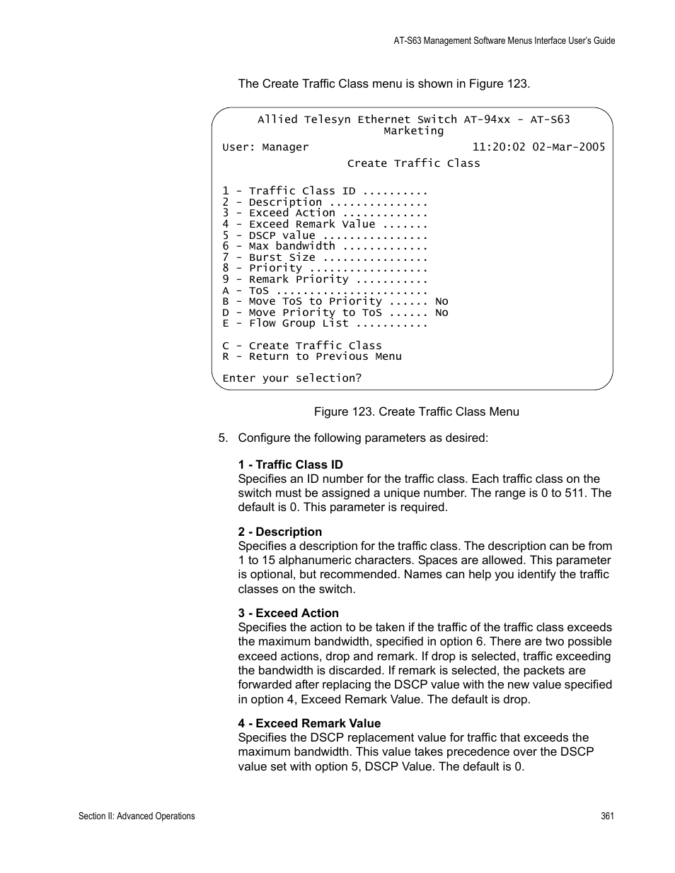 Figure 123: create traffic class menu | Allied Telesis AT-S63 User Manual | Page 361 / 908
