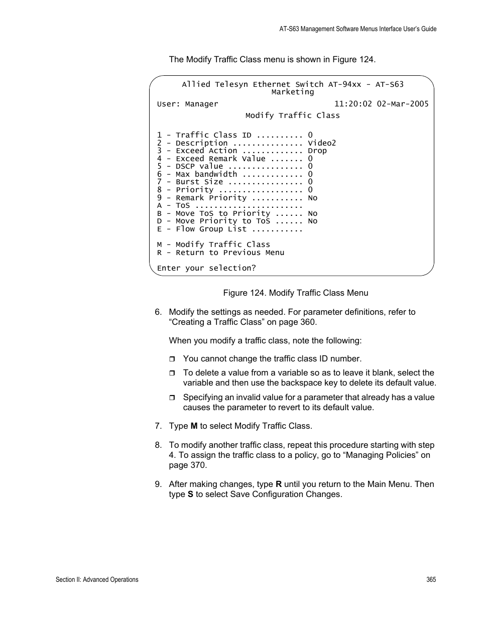 Figure 124: modify traffic class menu | Allied Telesis AT-S63 User Manual | Page 365 / 908