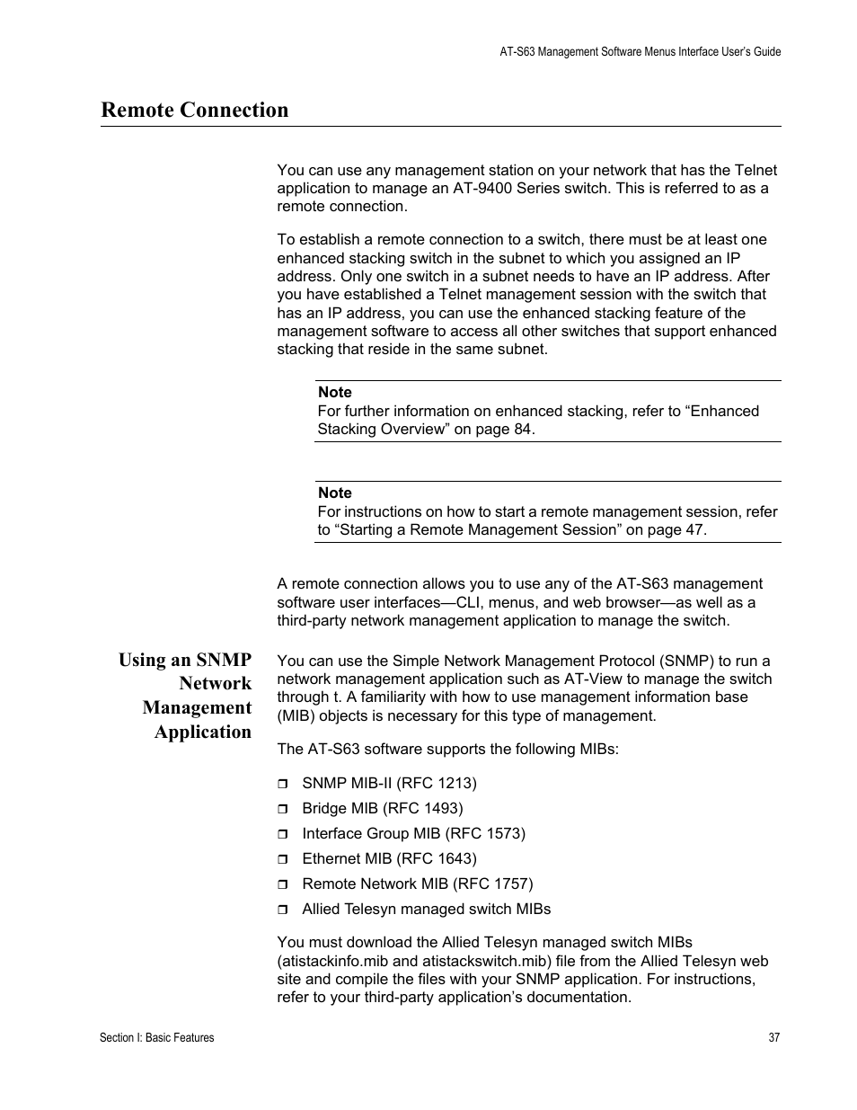 Remote connection, Using an snmp network management application | Allied Telesis AT-S63 User Manual | Page 37 / 908