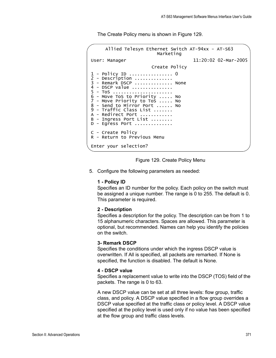 Figure 129: create policy menu | Allied Telesis AT-S63 User Manual | Page 371 / 908