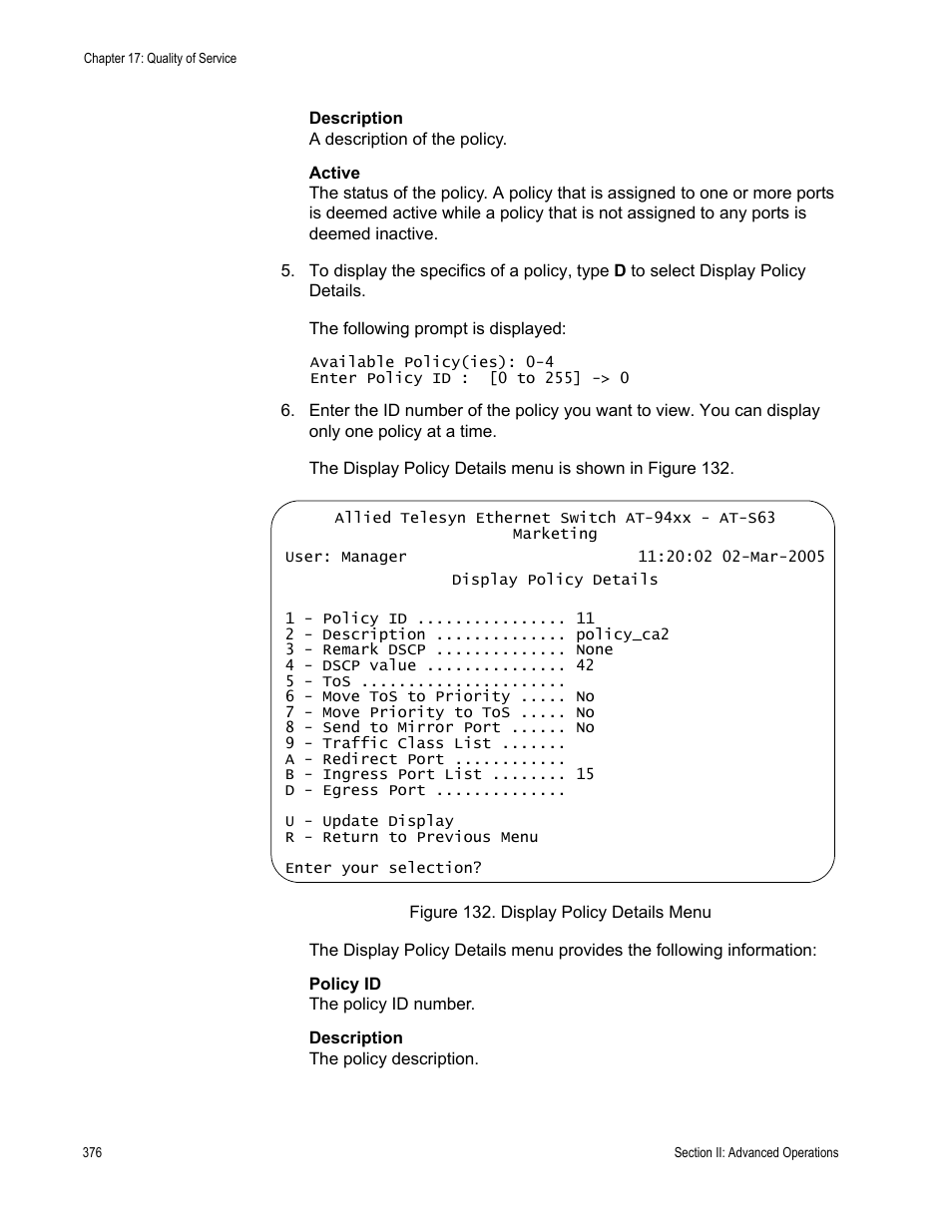Figure 132: display policy details menu | Allied Telesis AT-S63 User Manual | Page 376 / 908