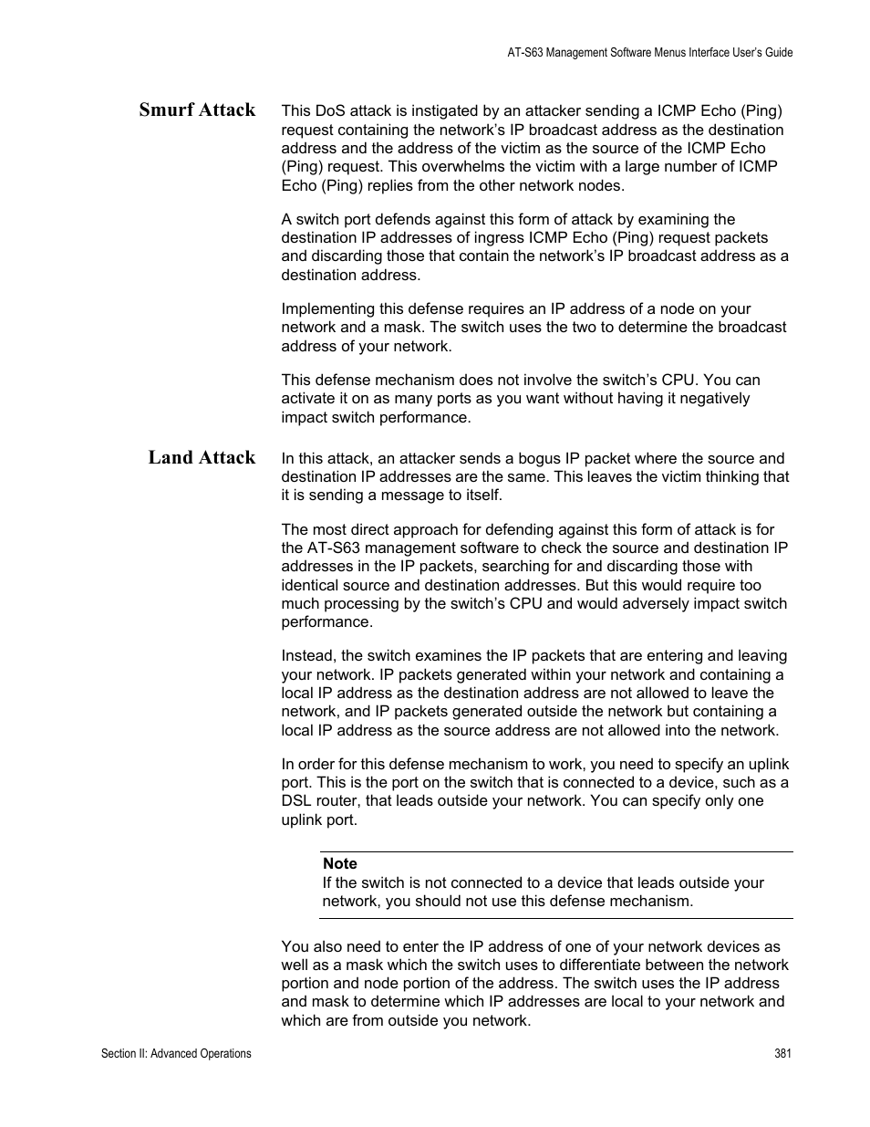 Smurf attack, Land attack, Smurf attack land attack | Allied Telesis AT-S63 User Manual | Page 381 / 908