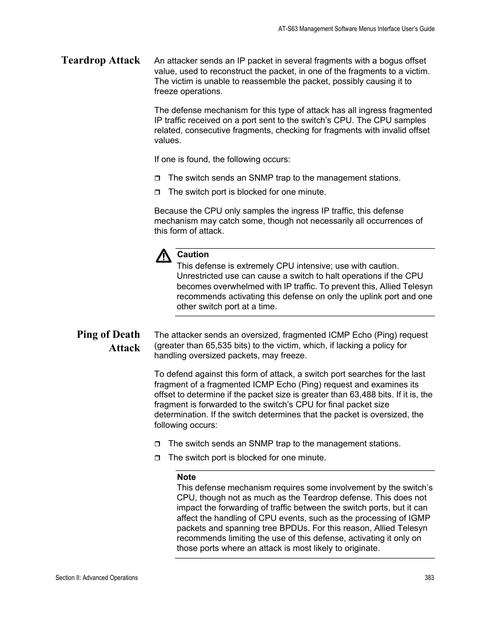 Teardrop attack, Ping of death attack, Teardrop attack ping of death attack | Allied Telesis AT-S63 User Manual | Page 383 / 908