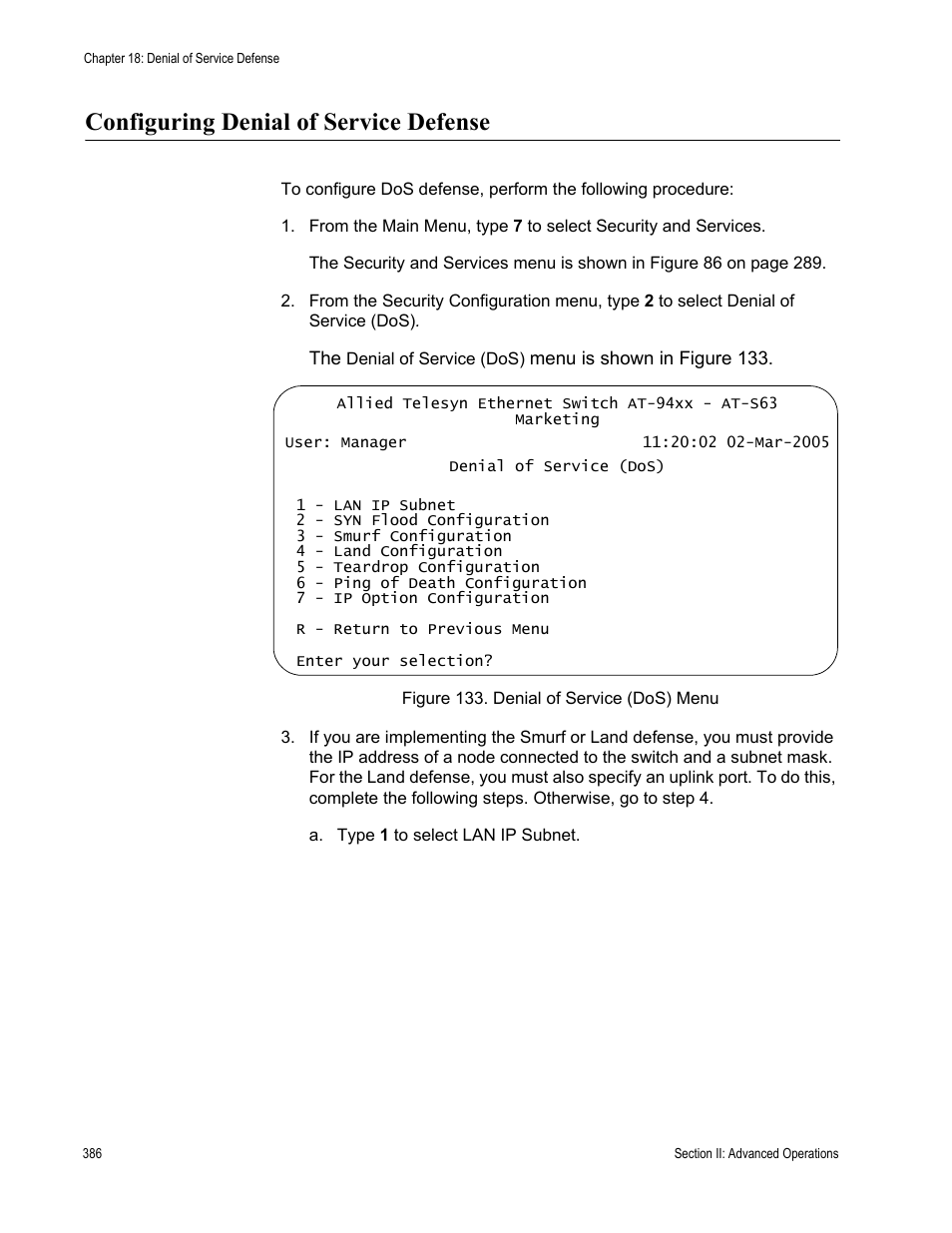 Configuring denial of service defense, Figure 133: denial of service (dos) menu | Allied Telesis AT-S63 User Manual | Page 386 / 908