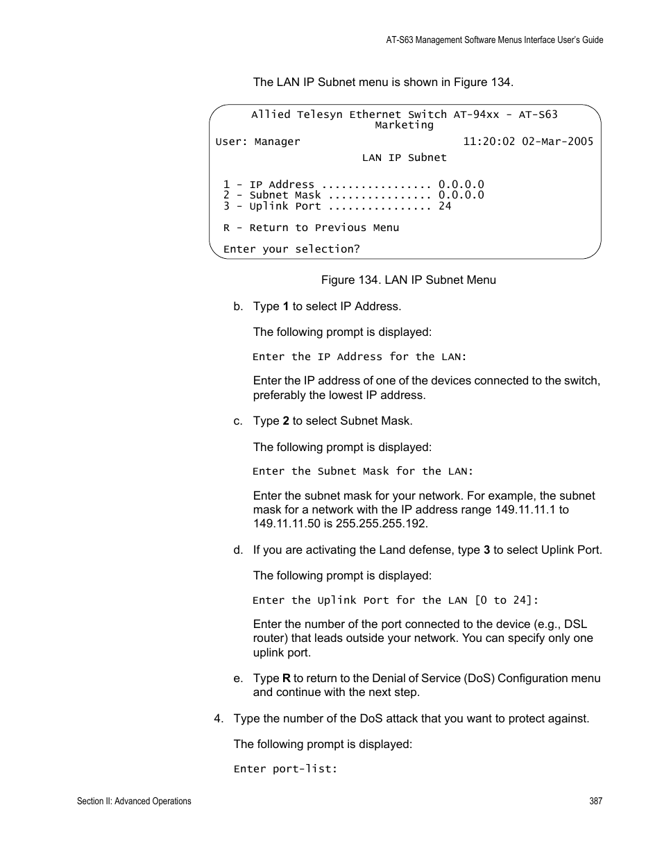 Figure 134: lan ip subnet menu | Allied Telesis AT-S63 User Manual | Page 387 / 908