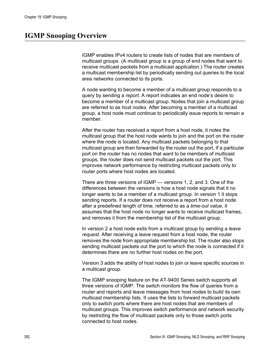 Igmp snooping overview | Allied Telesis AT-S63 User Manual | Page 392 / 908