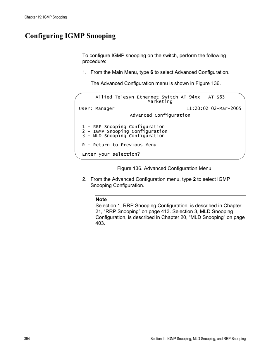 Configuring igmp snooping, Figure 136: advanced configuration menu | Allied Telesis AT-S63 User Manual | Page 394 / 908