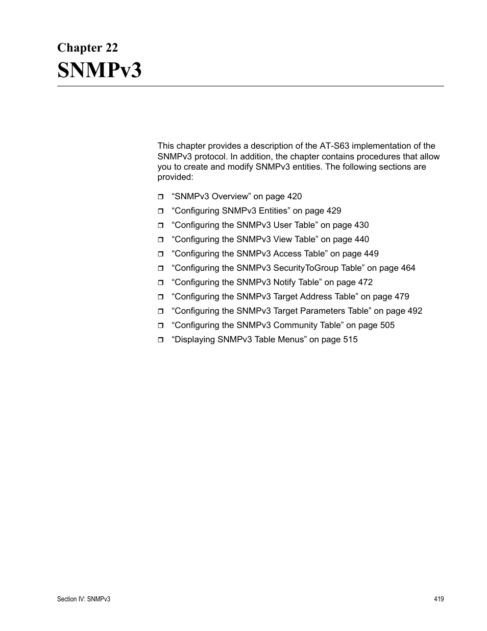 Chapter 22, Snmpv3, Chapter 22: snmpv3 | Allied Telesis AT-S63 User Manual | Page 419 / 908