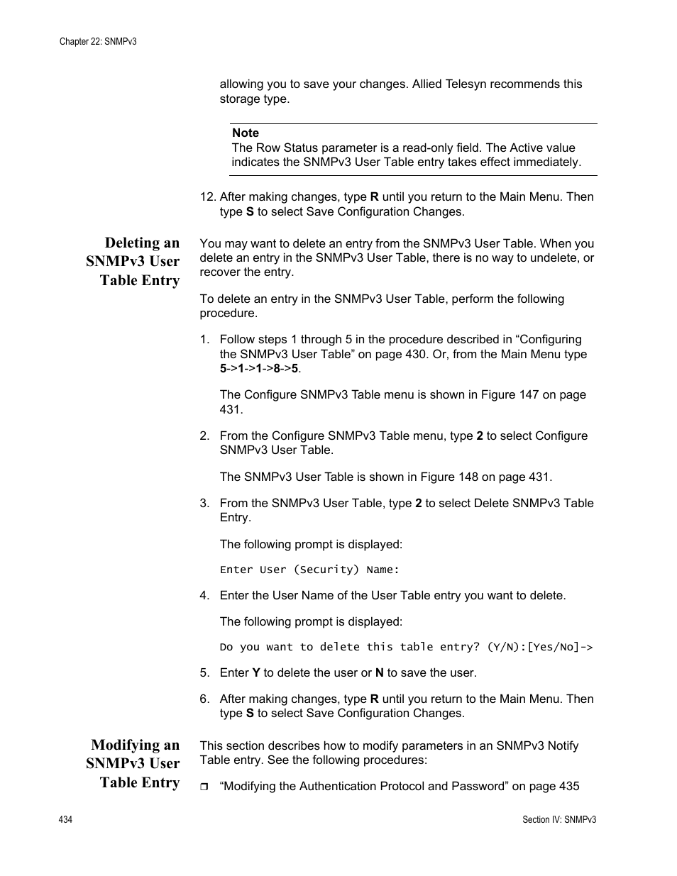 Deleting an snmpv3 user table entry, Modifying an snmpv3 user table entry | Allied Telesis AT-S63 User Manual | Page 434 / 908