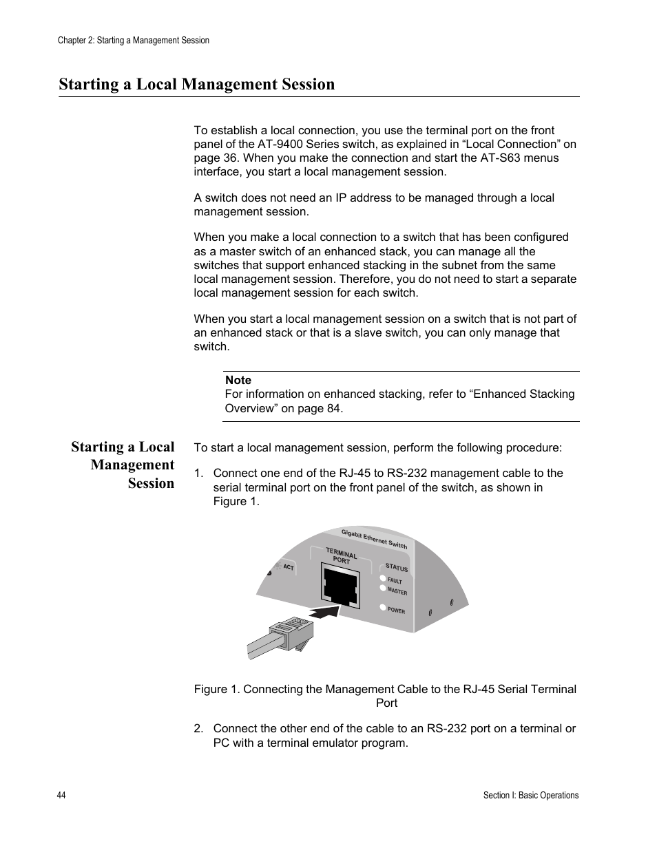Starting a local management session | Allied Telesis AT-S63 User Manual | Page 44 / 908