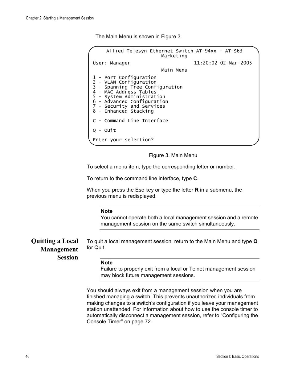 Quitting a local management session, Figure 3: main menu | Allied Telesis AT-S63 User Manual | Page 46 / 908