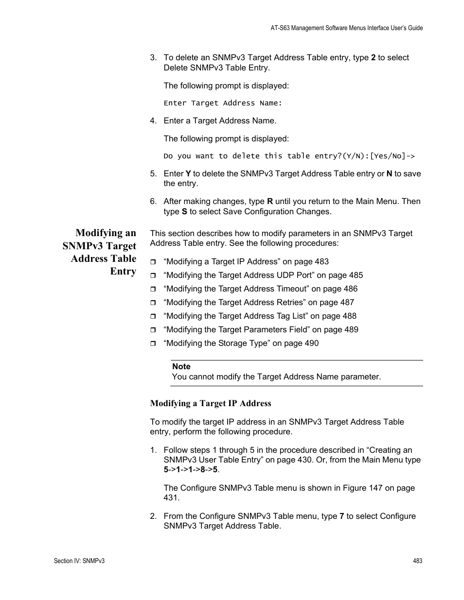 Modifying an snmpv3 target address table entry | Allied Telesis AT-S63 User Manual | Page 483 / 908