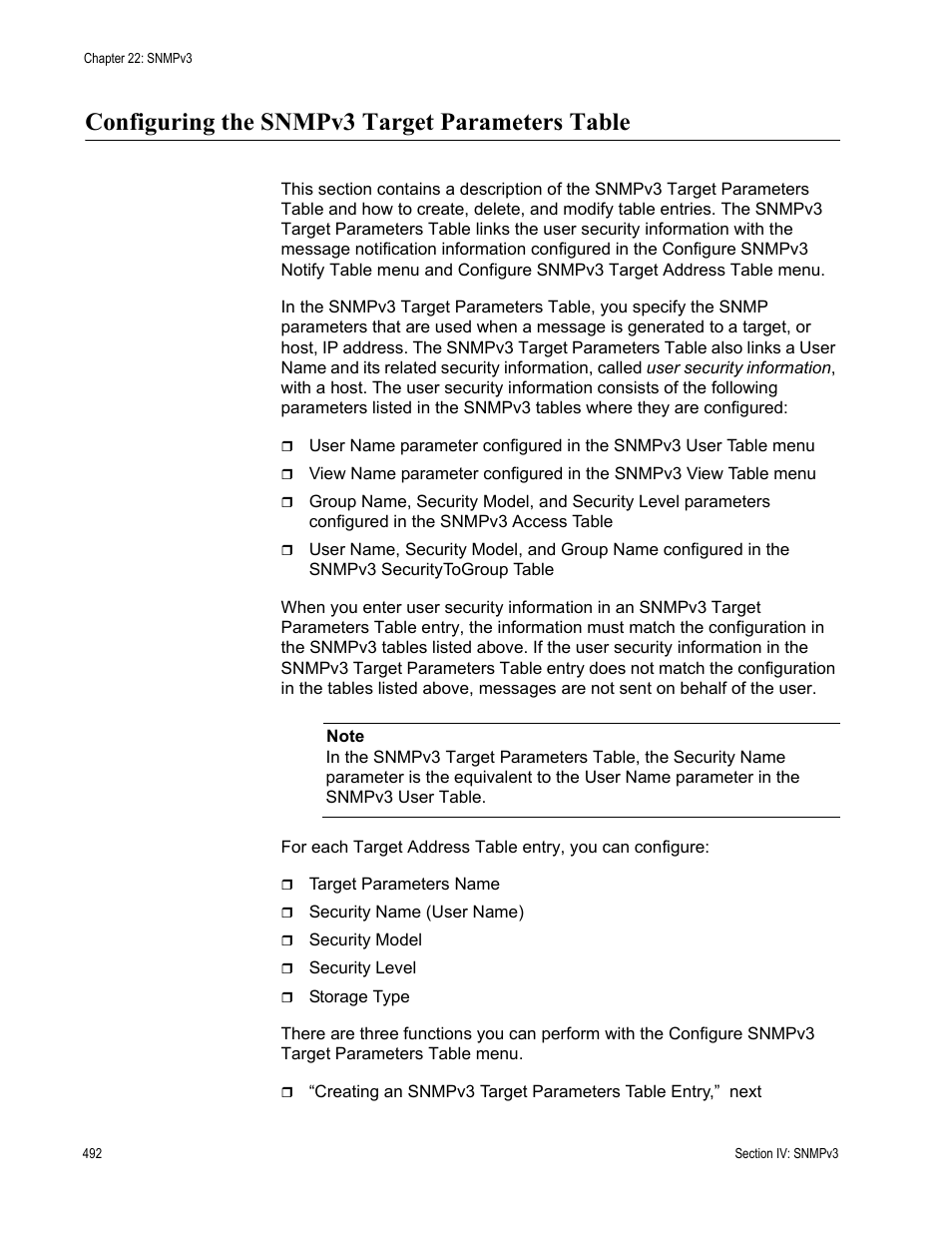 Configuring the snmpv3 target parameters table | Allied Telesis AT-S63 User Manual | Page 492 / 908