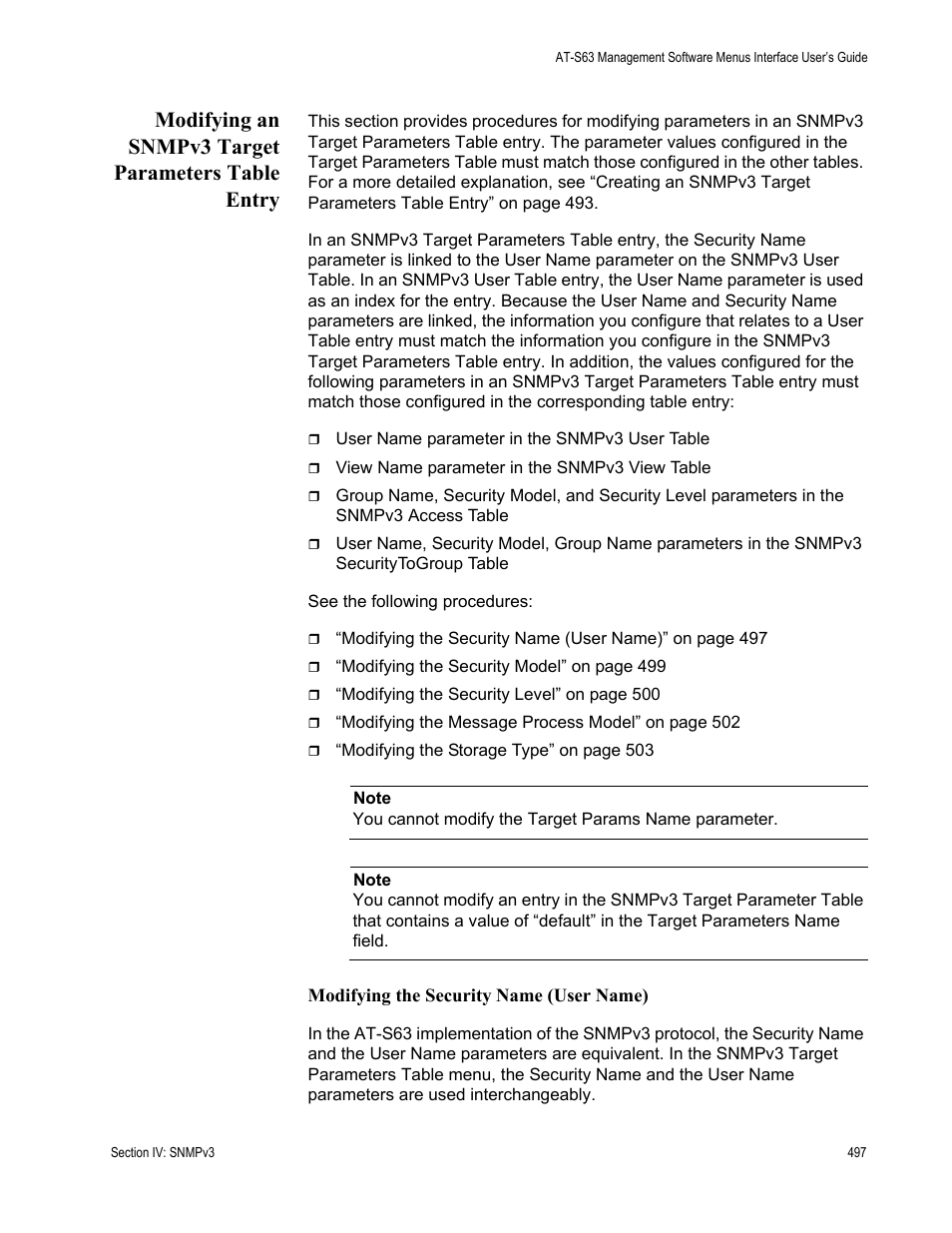 Modifying an snmpv3 target parameters table entry | Allied Telesis AT-S63 User Manual | Page 497 / 908