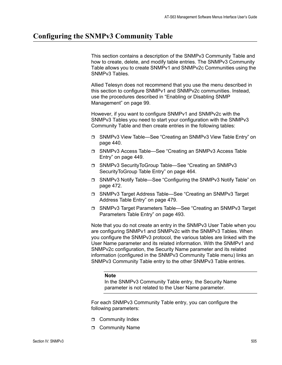 Configuring the snmpv3 community table | Allied Telesis AT-S63 User Manual | Page 505 / 908