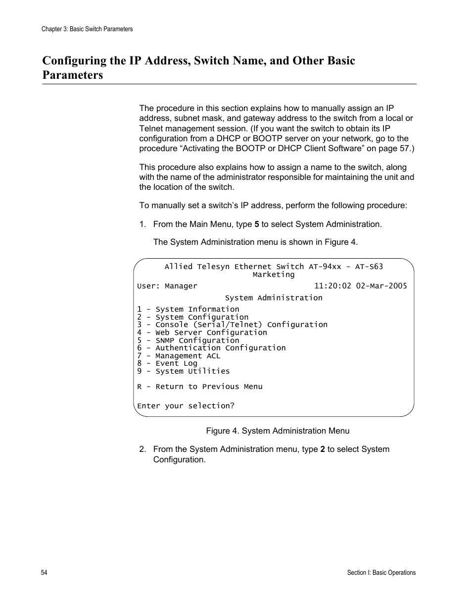 Figure 4: system administration menu | Allied Telesis AT-S63 User Manual | Page 54 / 908