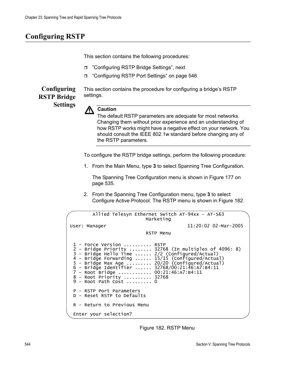 Configuring rstp, Configuring rstp bridge settings, Figure 182: rstp menu | Allied Telesis AT-S63 User Manual | Page 544 / 908