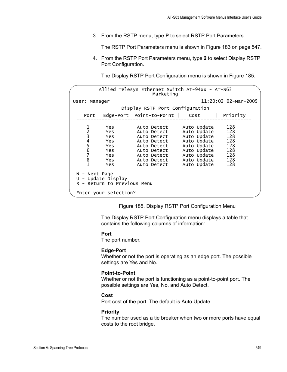 Figure 185: display rstp port configuration menu | Allied Telesis AT-S63 User Manual | Page 549 / 908