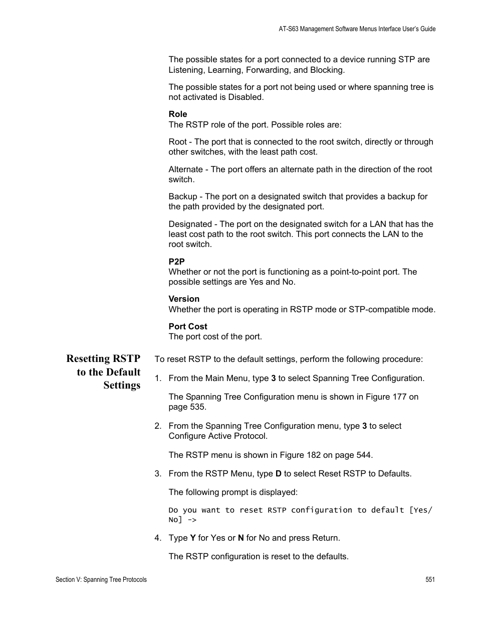 Resetting rstp to the default settings | Allied Telesis AT-S63 User Manual | Page 551 / 908
