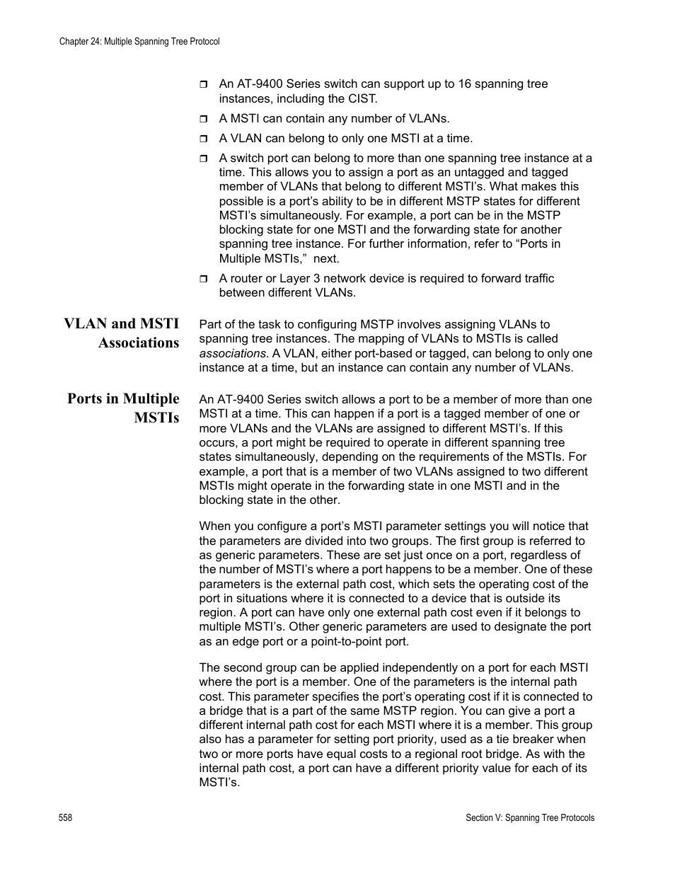 Vlan and msti associations, Ports in multiple mstis, Vlan and msti associations ports in multiple mstis | Allied Telesis AT-S63 User Manual | Page 558 / 908
