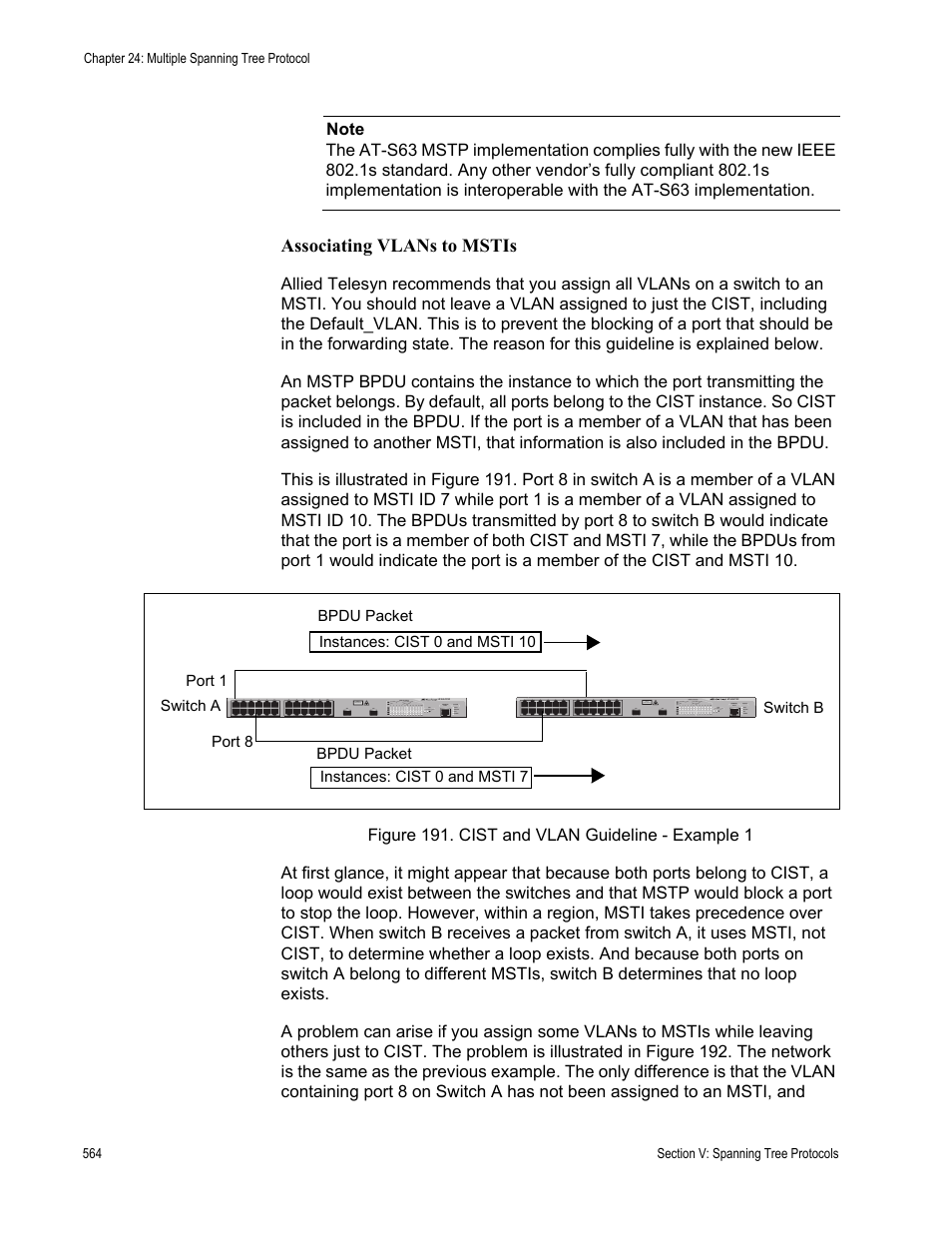 Figure 191: cist and vlan guideline - example 1, Associating vlans to mstis | Allied Telesis AT-S63 User Manual | Page 564 / 908