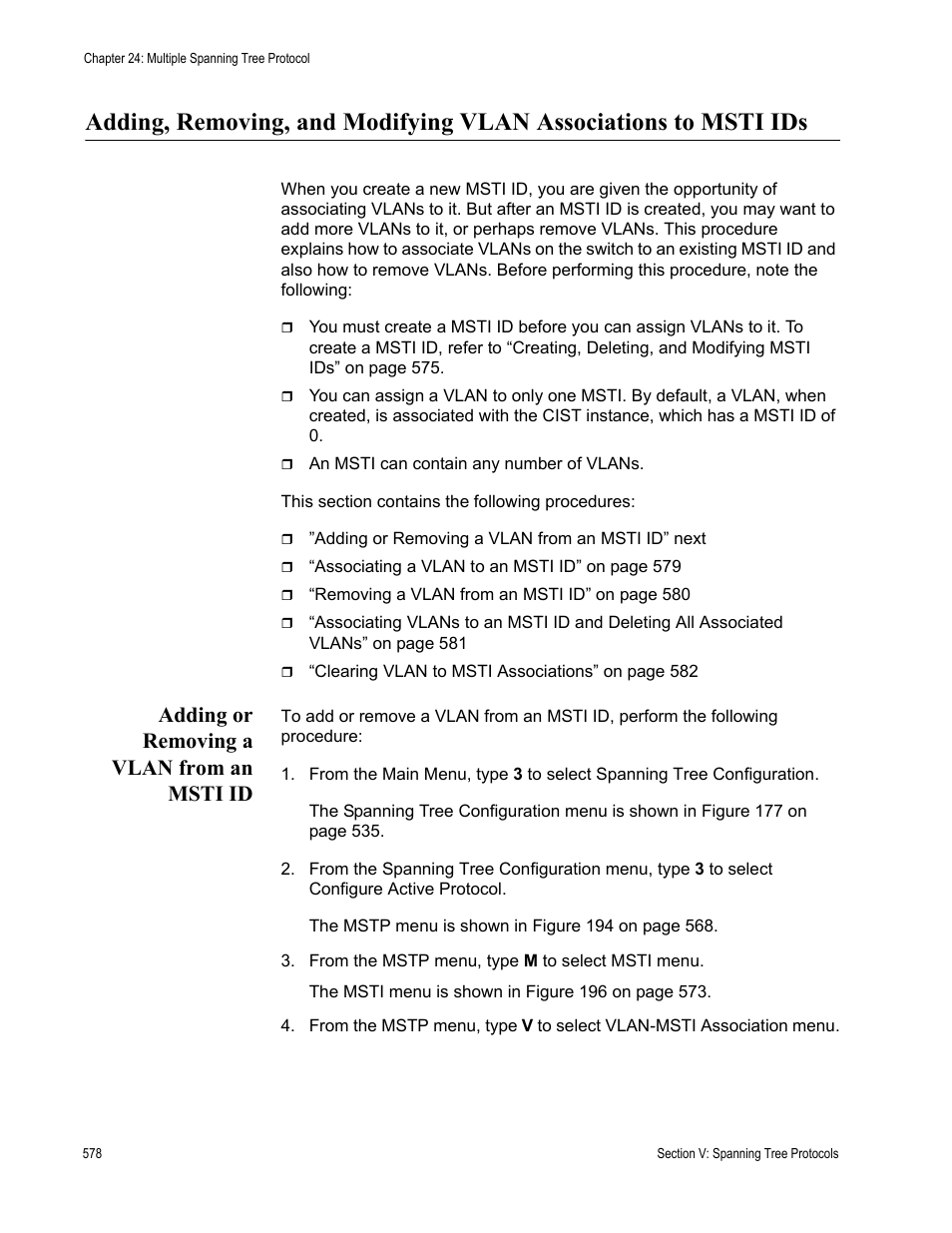 Adding or removing a vlan from an msti id | Allied Telesis AT-S63 User Manual | Page 578 / 908