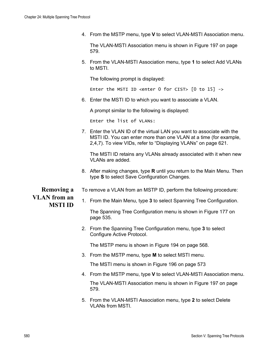 Removing a vlan from an msti id | Allied Telesis AT-S63 User Manual | Page 580 / 908